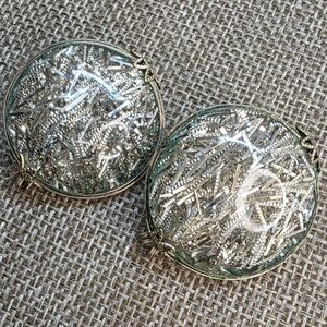 Vintage Mid Century Large Hillcraft Gold & Silver Confetti Lucite Clip Earrings